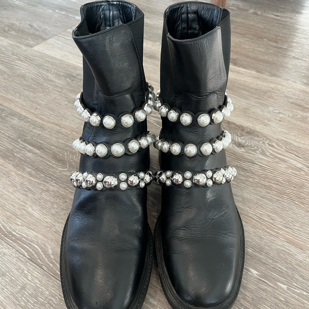 Zara Black Pearl-Studded Combat Boots - Picture 3 of 6